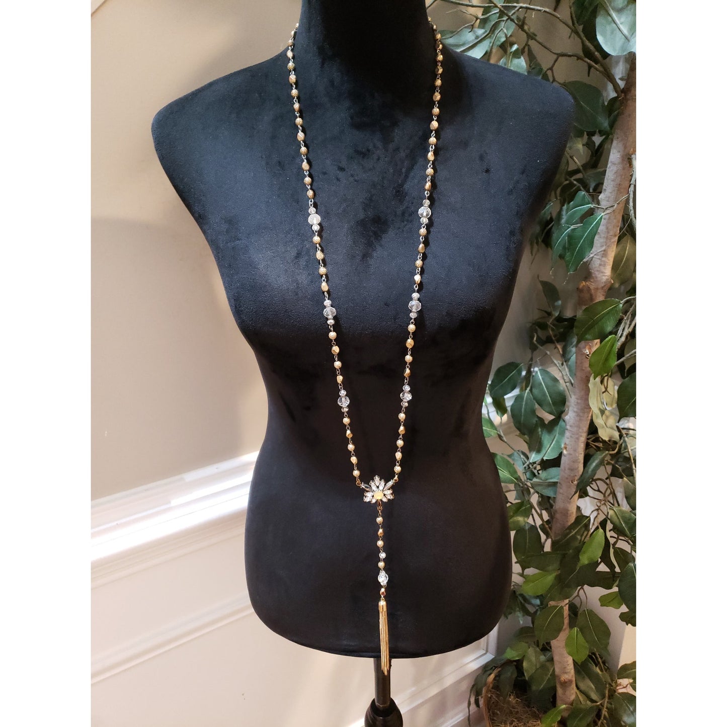 Womens Crystals Metal Balls Blister Beads Chains Tassel Long Necklace Jewelry