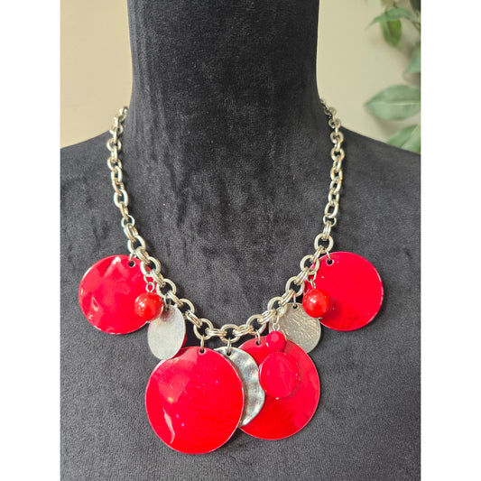 Women's Statement Necklace Red Disc Charms Lobster Clasp Bold Chunky Jewelry