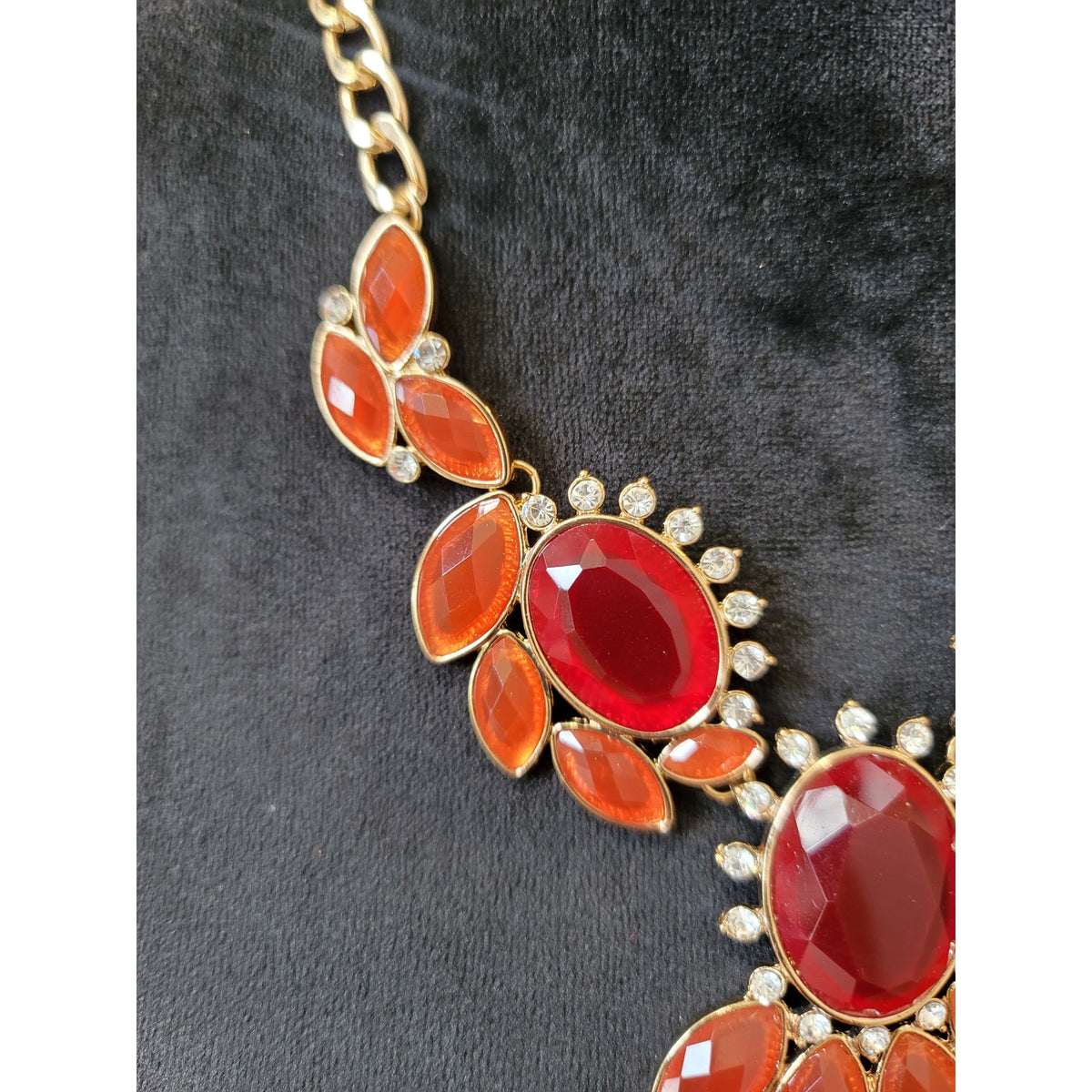 Women's Statement Necklace And Earrings Set Red And Orange Gemstones Jewelry