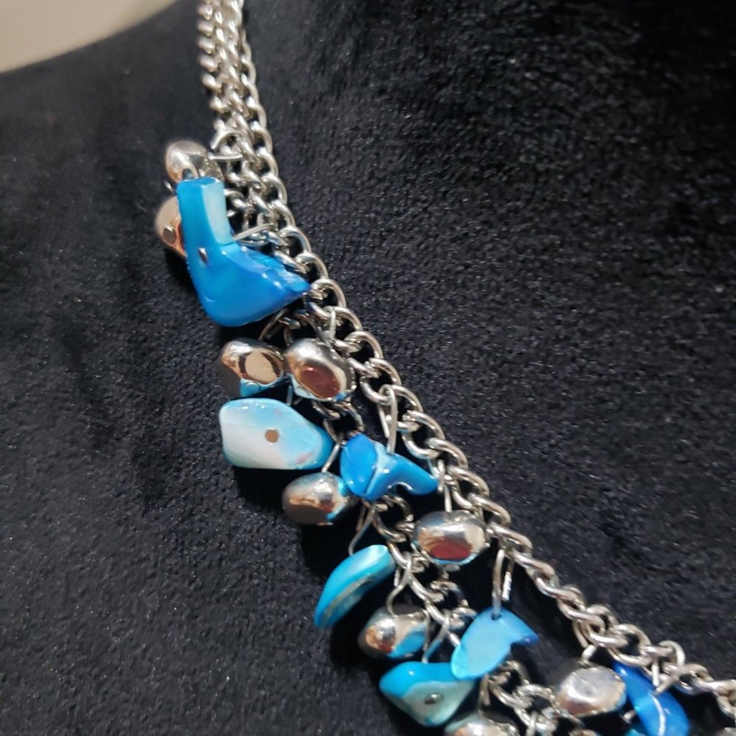 Womens Fashion Double Stranded  Silver Tone Chain Blue Beads Necklace with Lobst