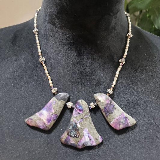 Women Purple Impression Jasper Stone Hematite Beaded Necklace with Hook & Eye