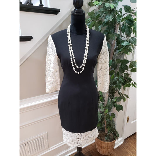 Nha Khanh Women's Black White Viscose Crew Neck Long Sleeve Knee Length Dress 8