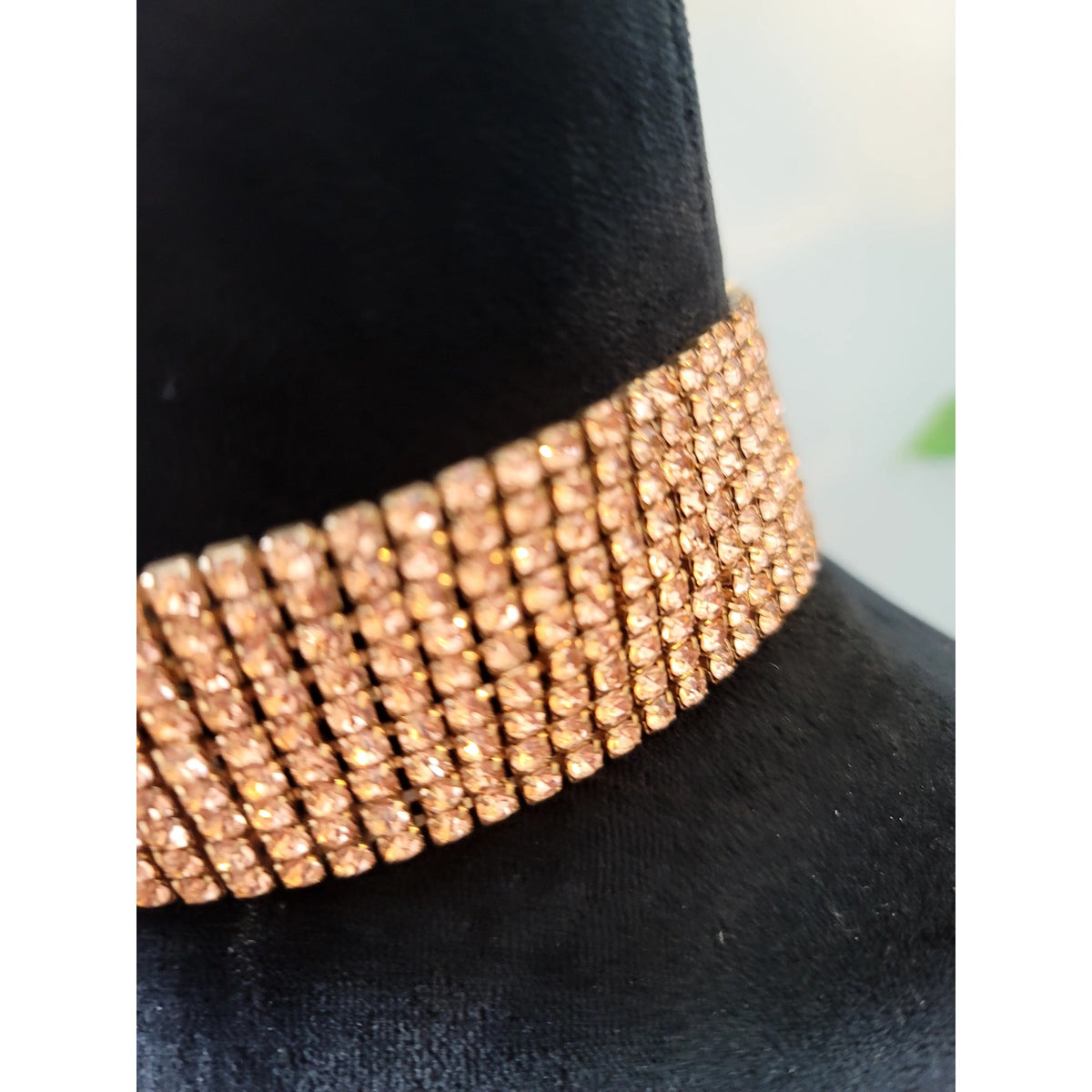 Wide Gold Tone Rhinestone Choker Necklace Sparkling Multi Row Statement Jewelry