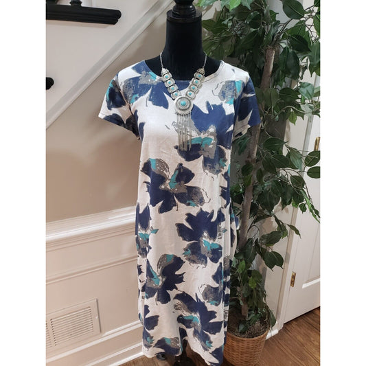 P. Luca Milano Womens White Floral Round Neck Short Sleeve Knee Length Dress O/S