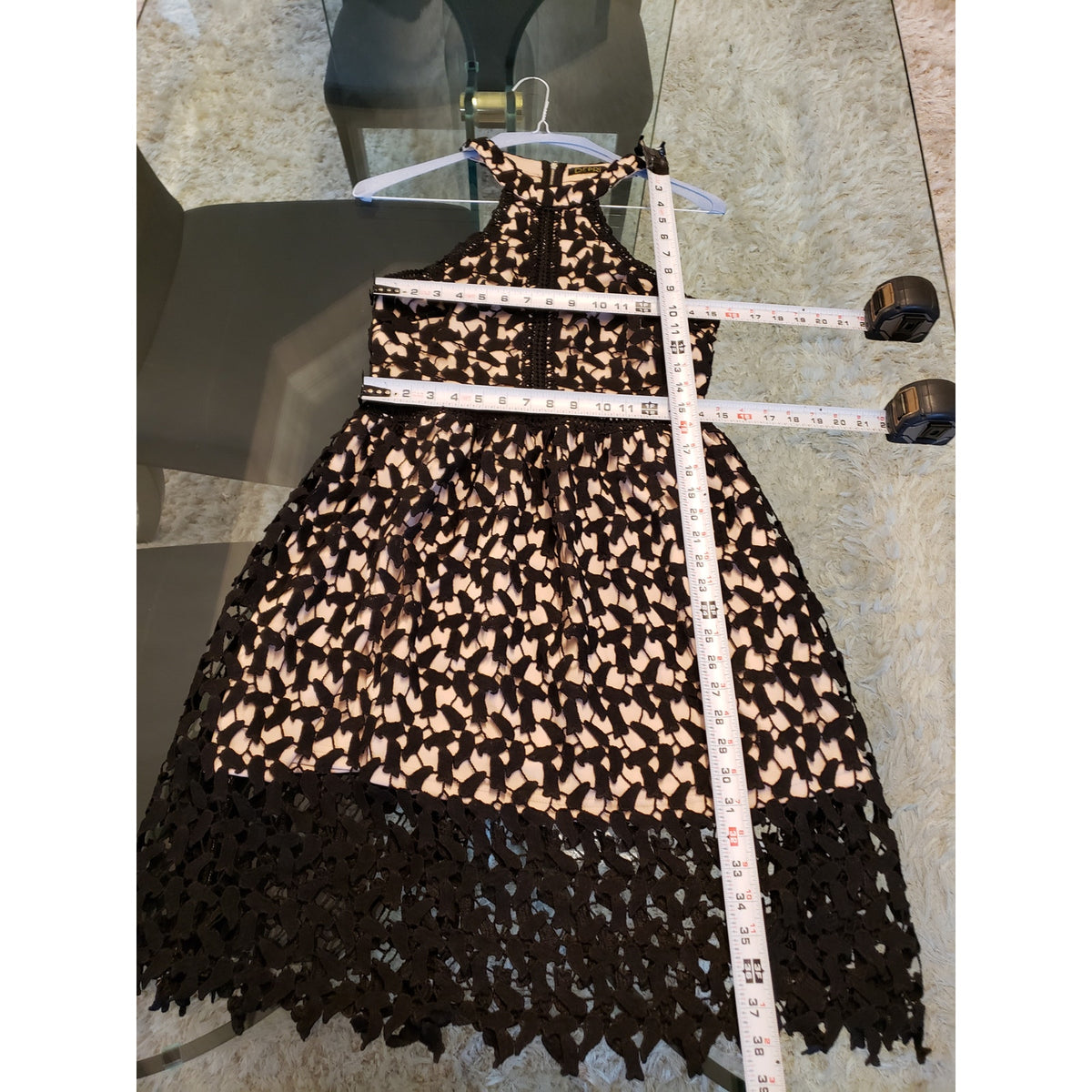 Depri A Line Dress Womens Large Beige Black Lace Overlay Halter Neck Racerback