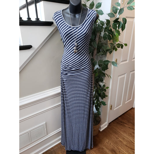 M.S.S.P. Long Maxi Dress Womens Large Gray & Black Striped Round Neck Sleeveless