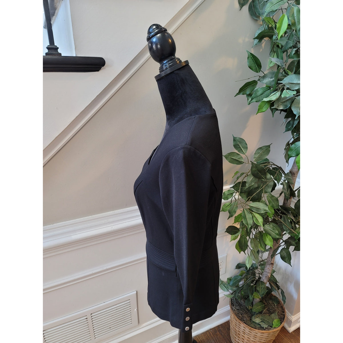 White House Black Market Peplum Top S Black Stretch Square 3/4 Sleeve Pullover