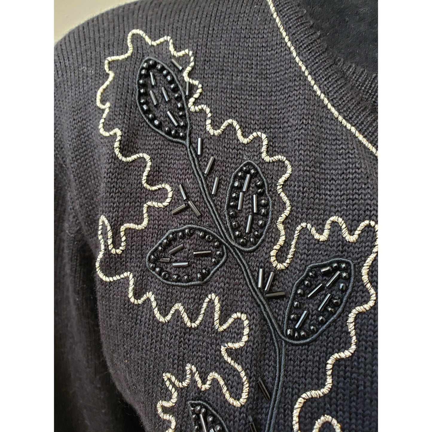 Alfred Dunner Cardigan Sweater Womens Petite M Black Layered Embroidered Beaded