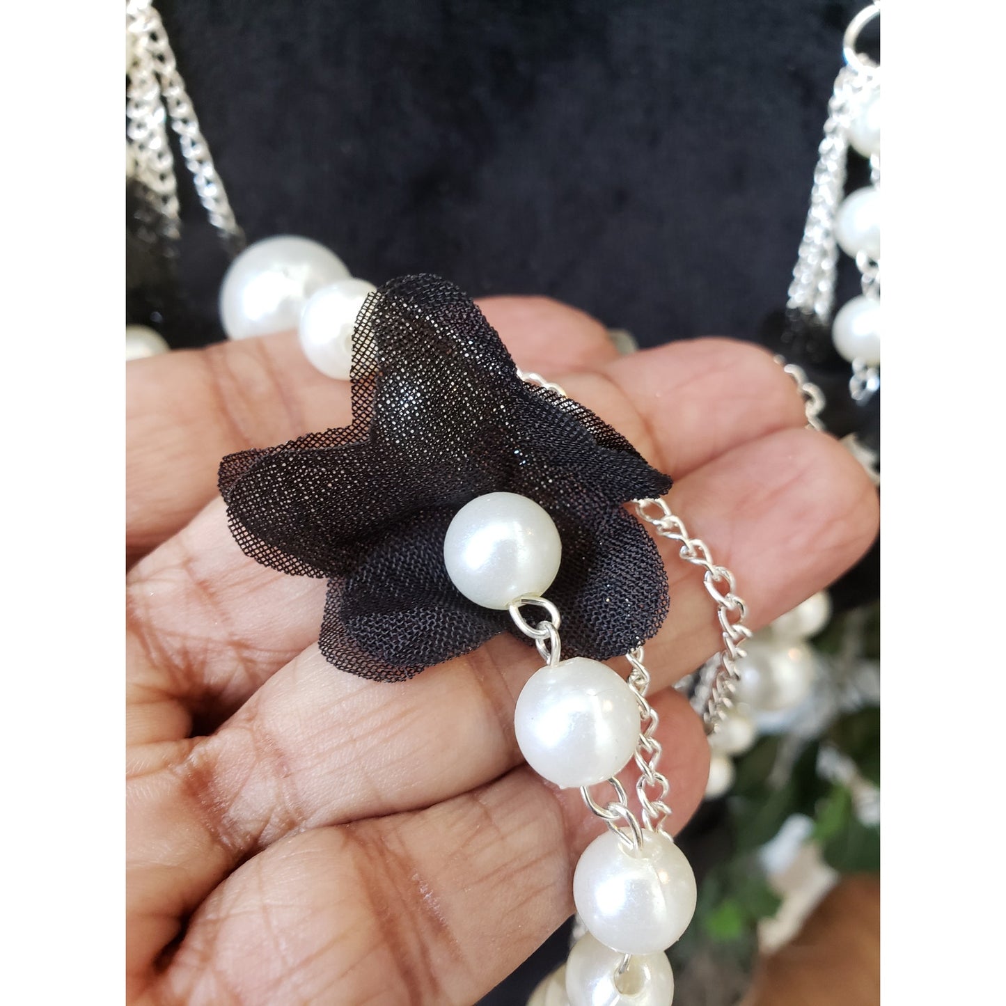 Women Silver Tone Multi Strand Chains Faux Pearl Bead Statement Necklace Jewelry