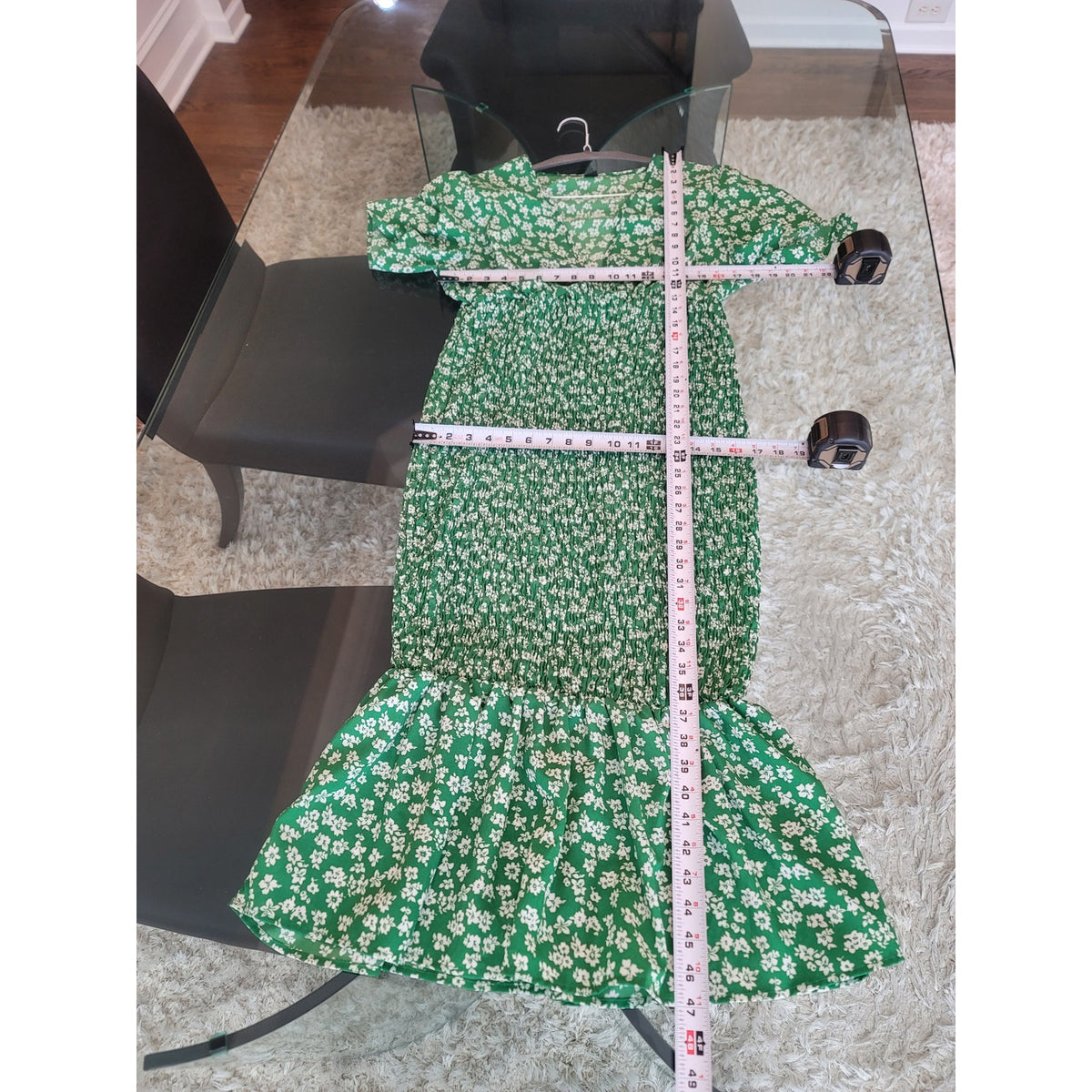 Shein Midi Dress Women's Size 0XL Green Floral V Neck Short Angel Sleeves