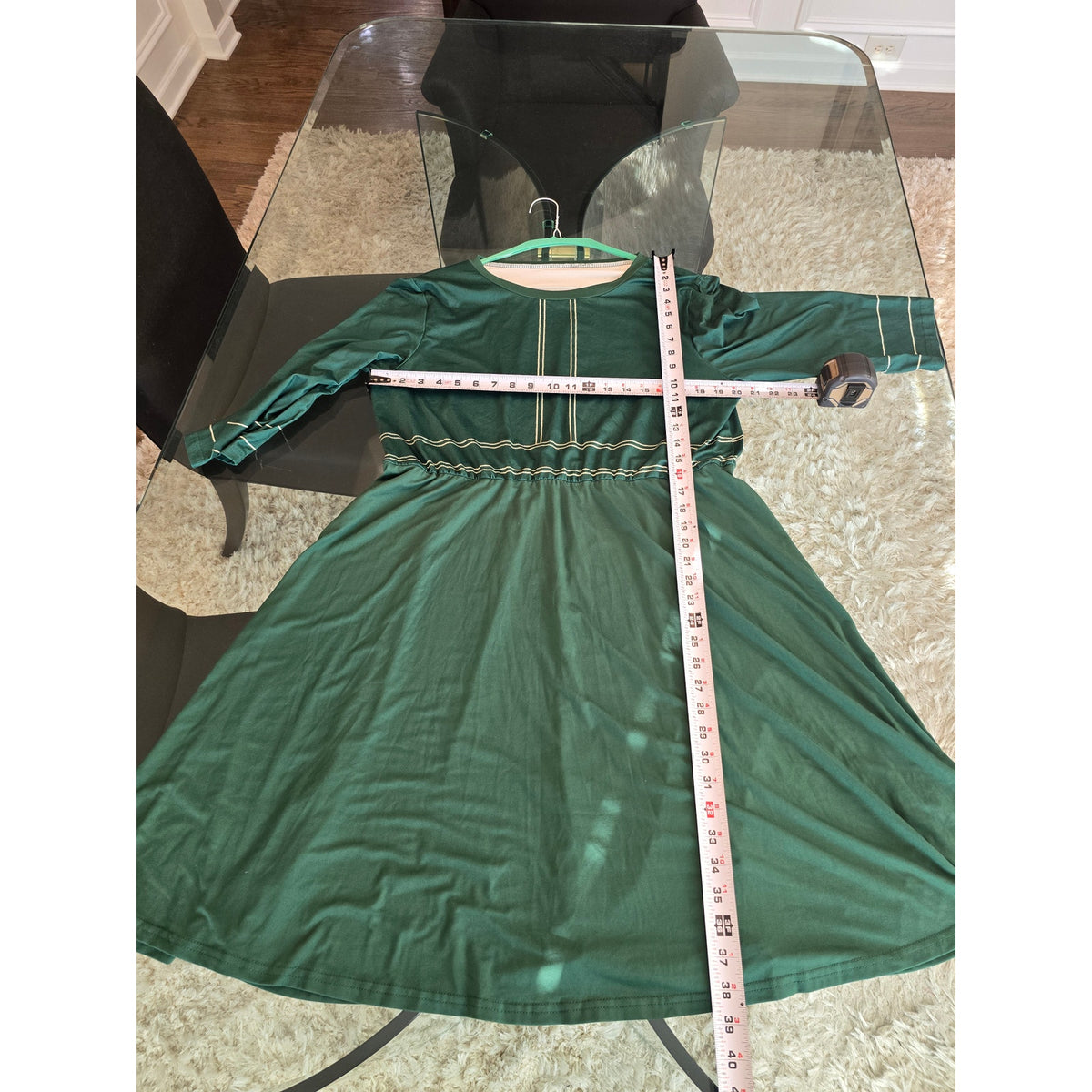 Shein Curve Fit & Flare Dress 2XL Green Patchwork Round 3/4 Sleeve Drop Shoulder