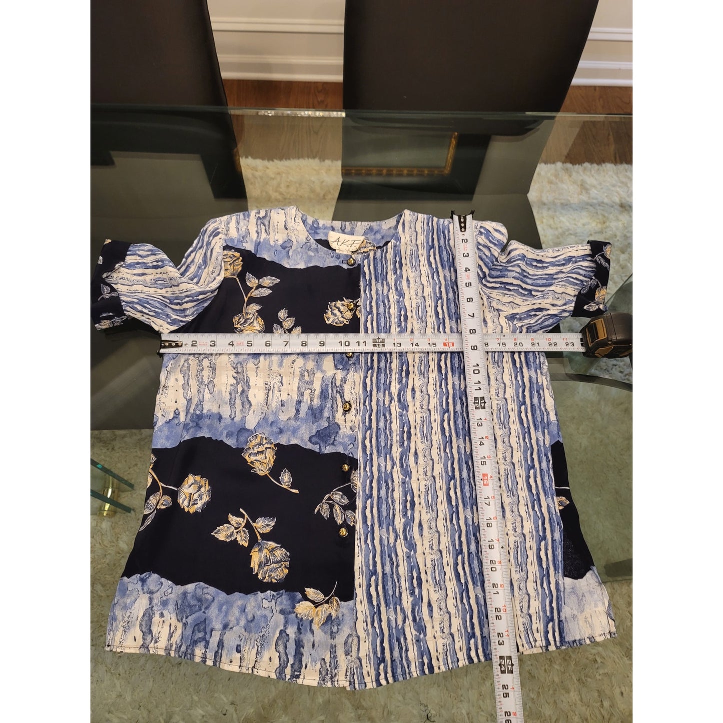 Vintage A.K.F 2 Piece Shirt & Skirt Suit 10 Blue Floral Short Sleeve Round Neck