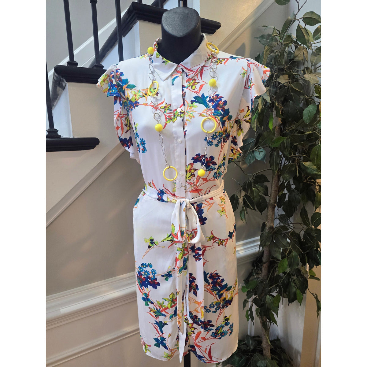 Worthington Shirt Dress Womens 6 White Floral Button Up Waist Tie Flutter Sleeve