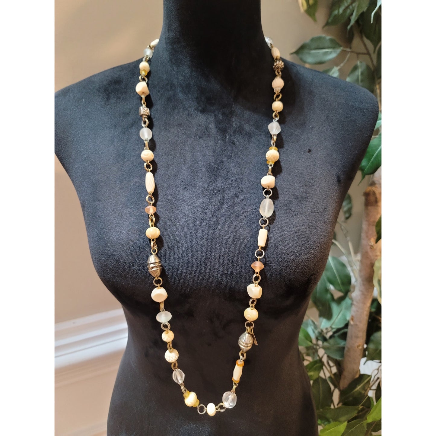 Women's Long Beaded Necklace With Ivory And Clear Beads Barrel Screw Lock