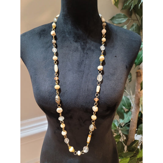 Women's Long Beaded Necklace With Ivory And Clear Beads Barrel Screw Lock