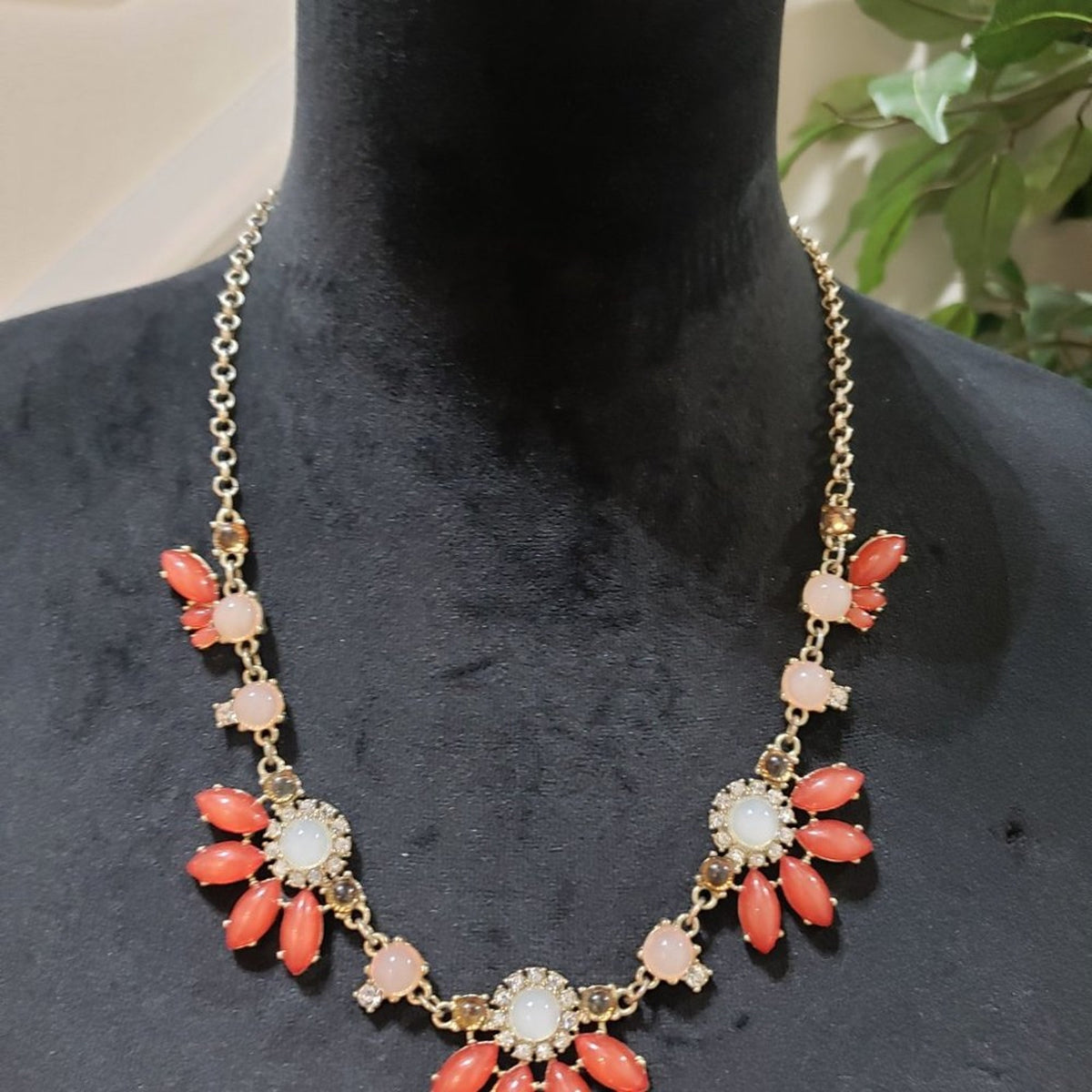 Womens Fashion Necklace Peach, & Orange Lucite, Rhinestones Crystals Necklace