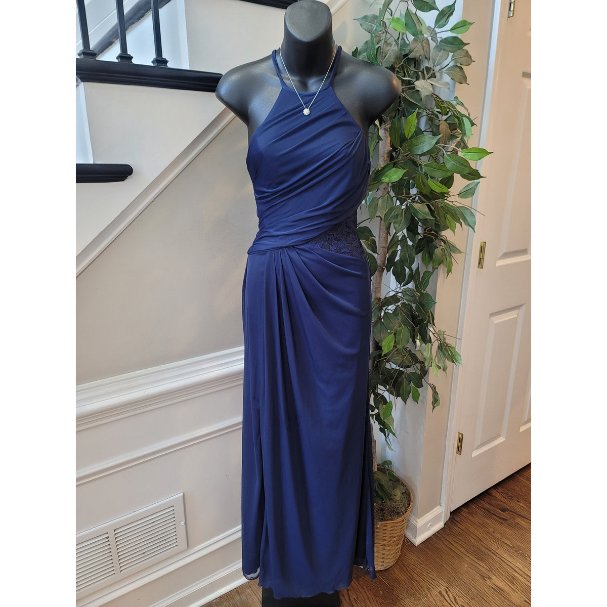 David's Bridal Maxi Dress Women's Size 2 Navy Blue 100% Polyester Halter Neck