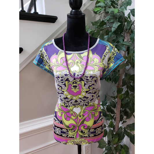 A.n.a Top Blouse Women's Size Large Multicolor Casual Short Sleeve Round Neck