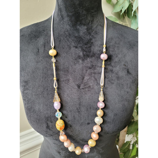 Women's Pastel Multi-Colored Pearl Beaded Necklace with Crystal Accents
