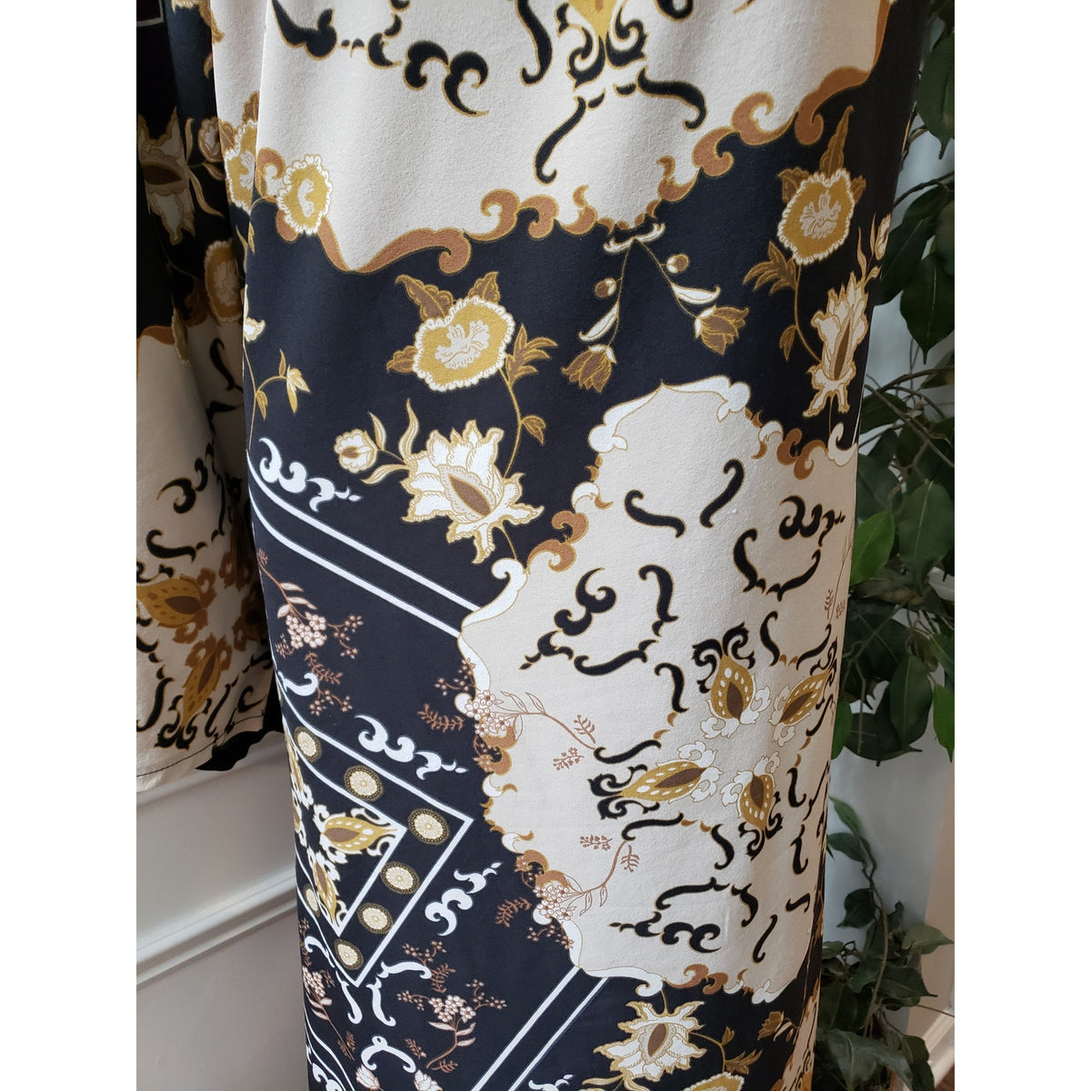 Moosta Midi Dress Women Size 2X Black Beige Baroque Print Long Sleeve Boho