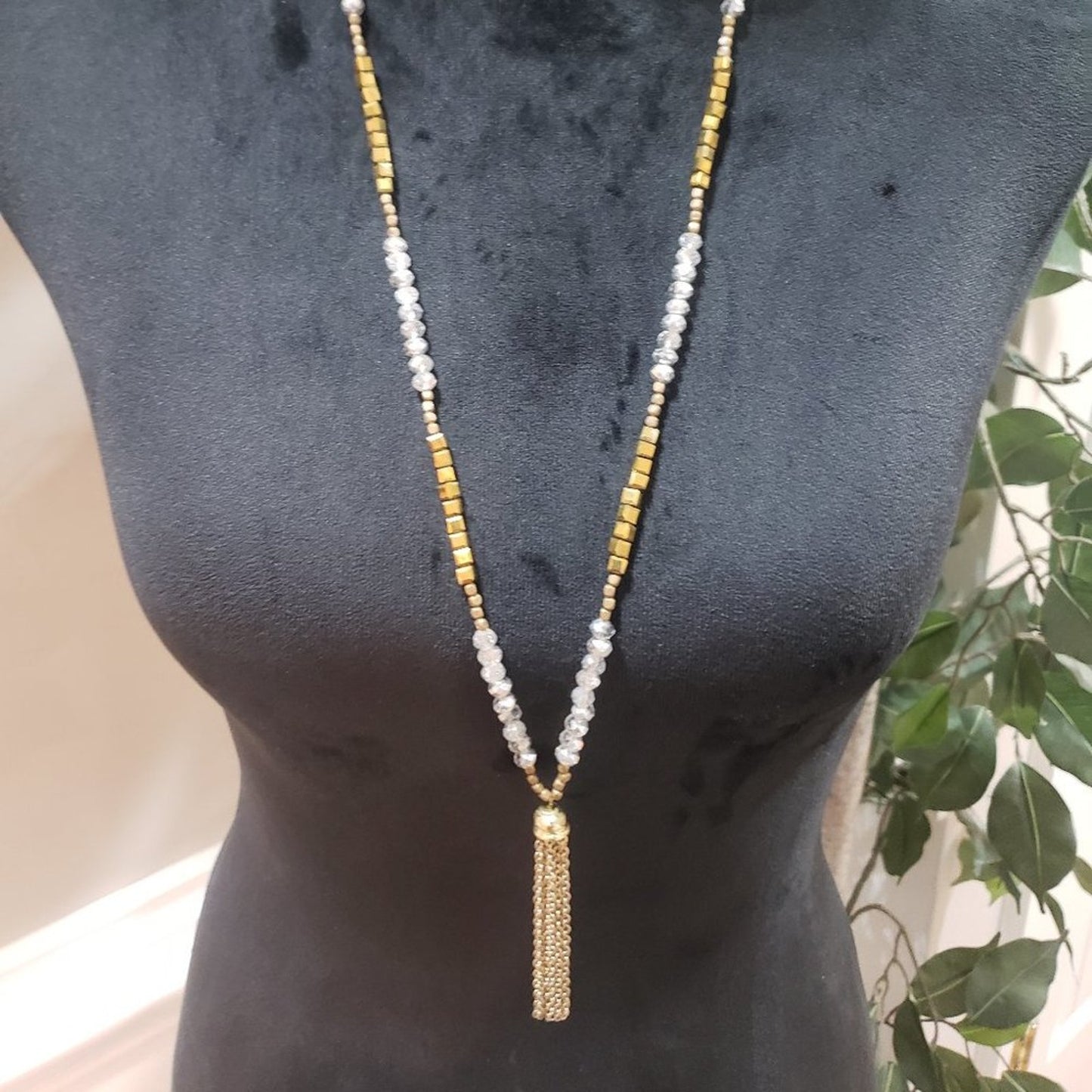 Womens Fashion Gold Tone Beads Clear Crystals Tassel Chain Necklace w/ Lobster