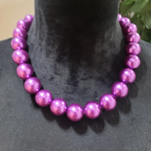 Women Fashion Chunky Purple Color Freshwater Pearl Round Beaded Choker Necklace