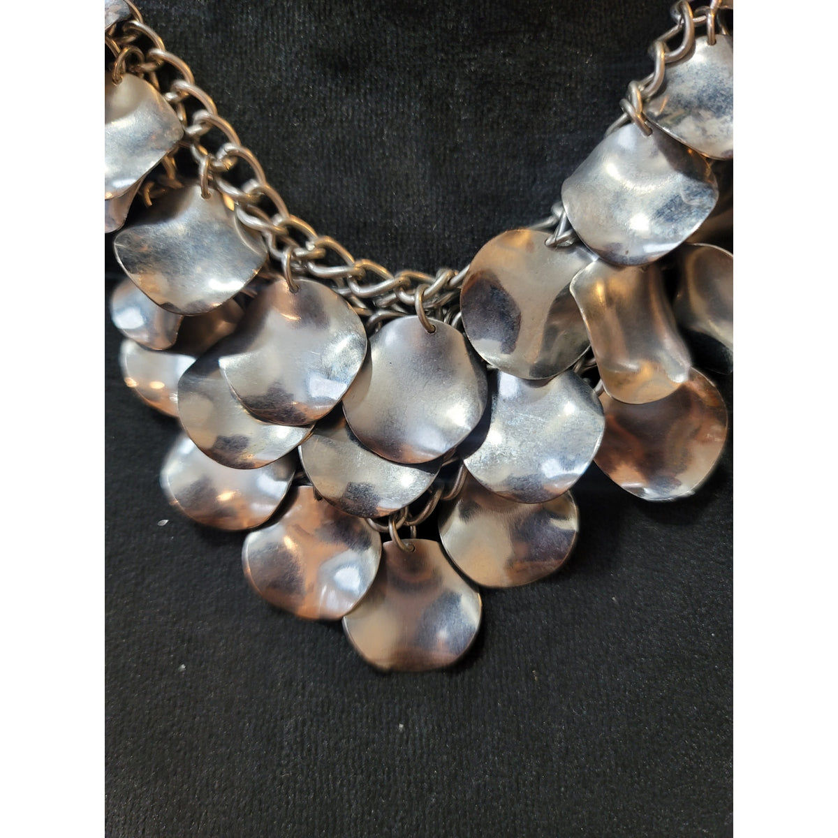 Women's Silver Tone Statement Bib Necklace Layered Hammered Discs Chain