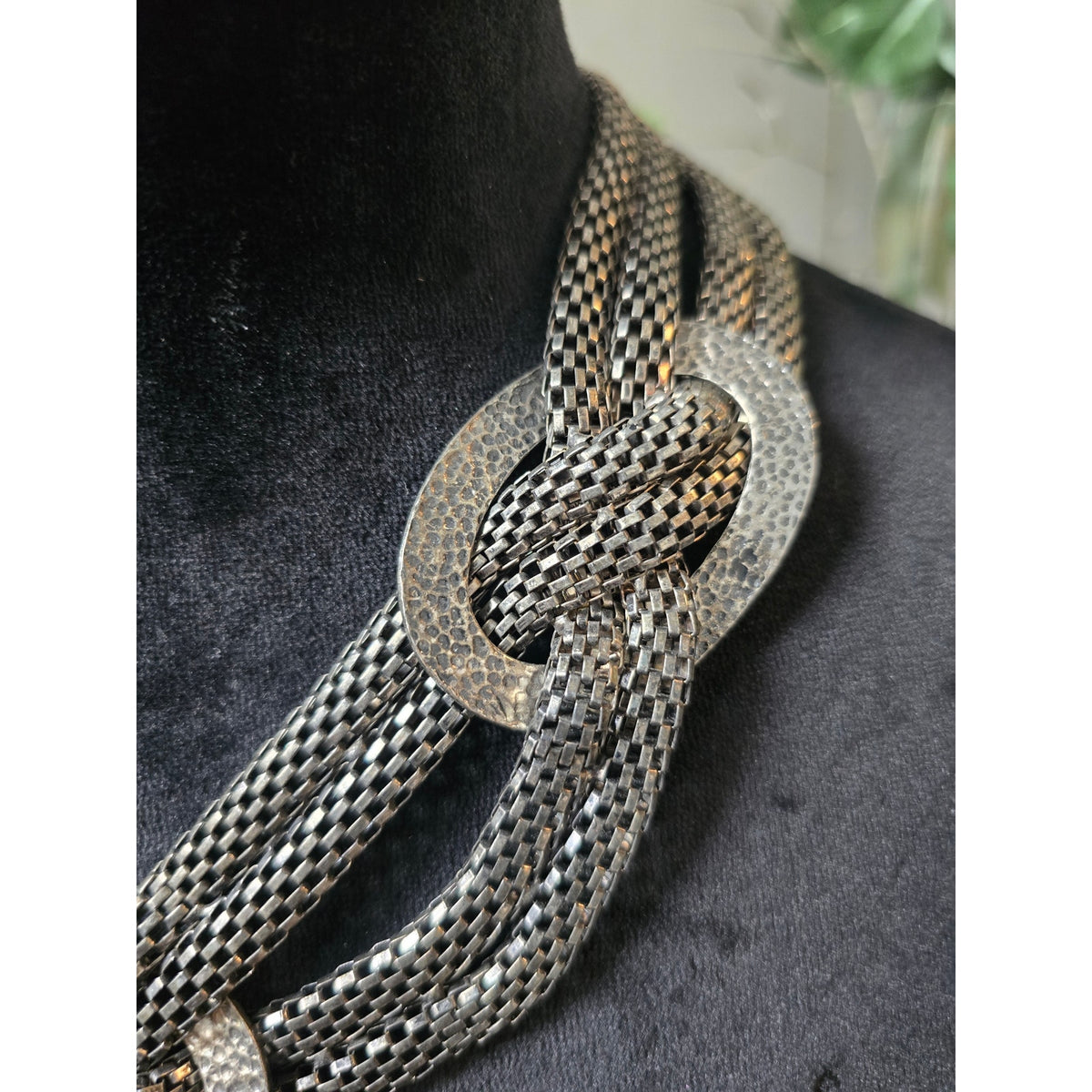Silver Tone Gunmetal Chunky Mesh Chain Oversized Interlocking Link Necklace