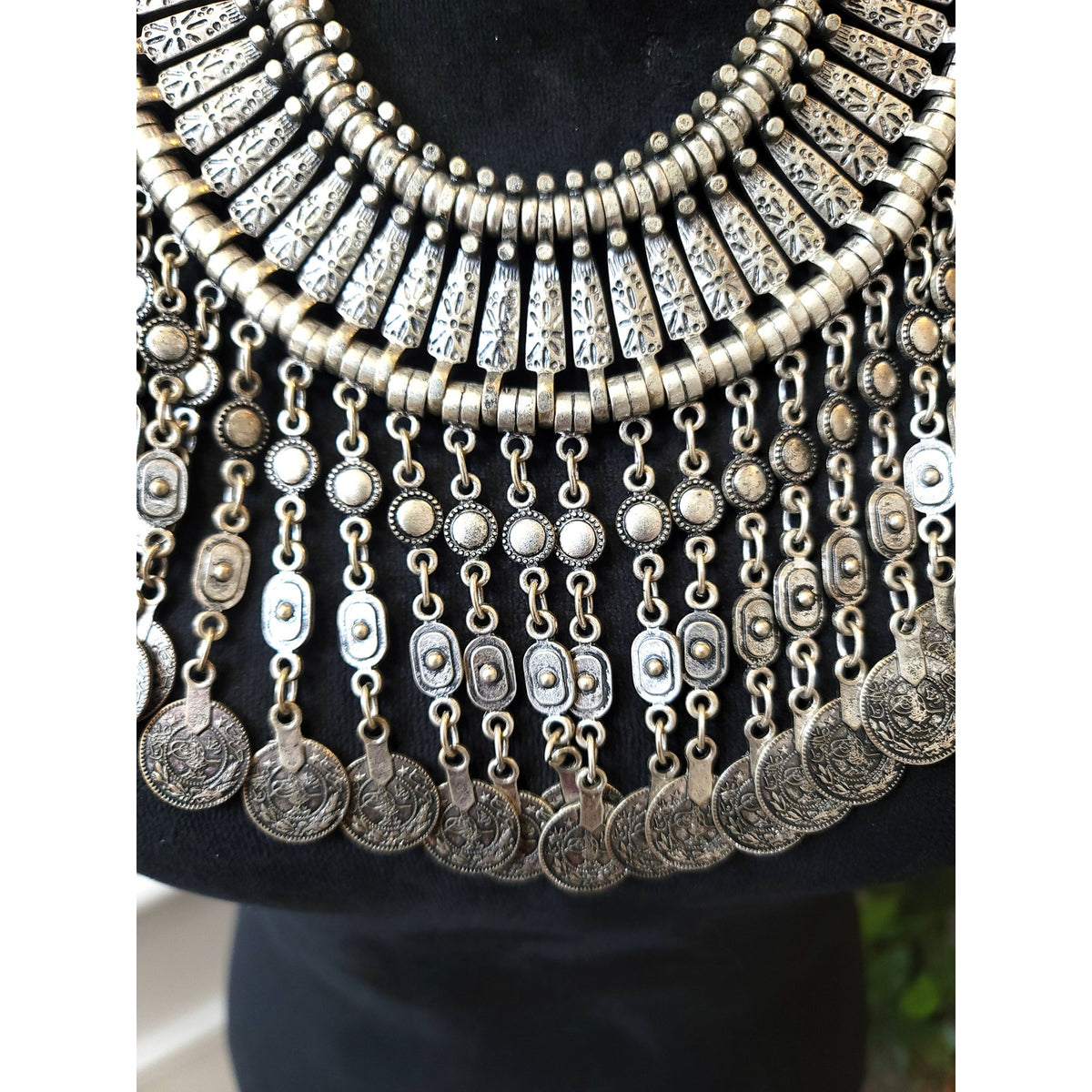 Women's Boho Statement Coin Bib Necklace Antique Silver Lobster Clasp Tribal