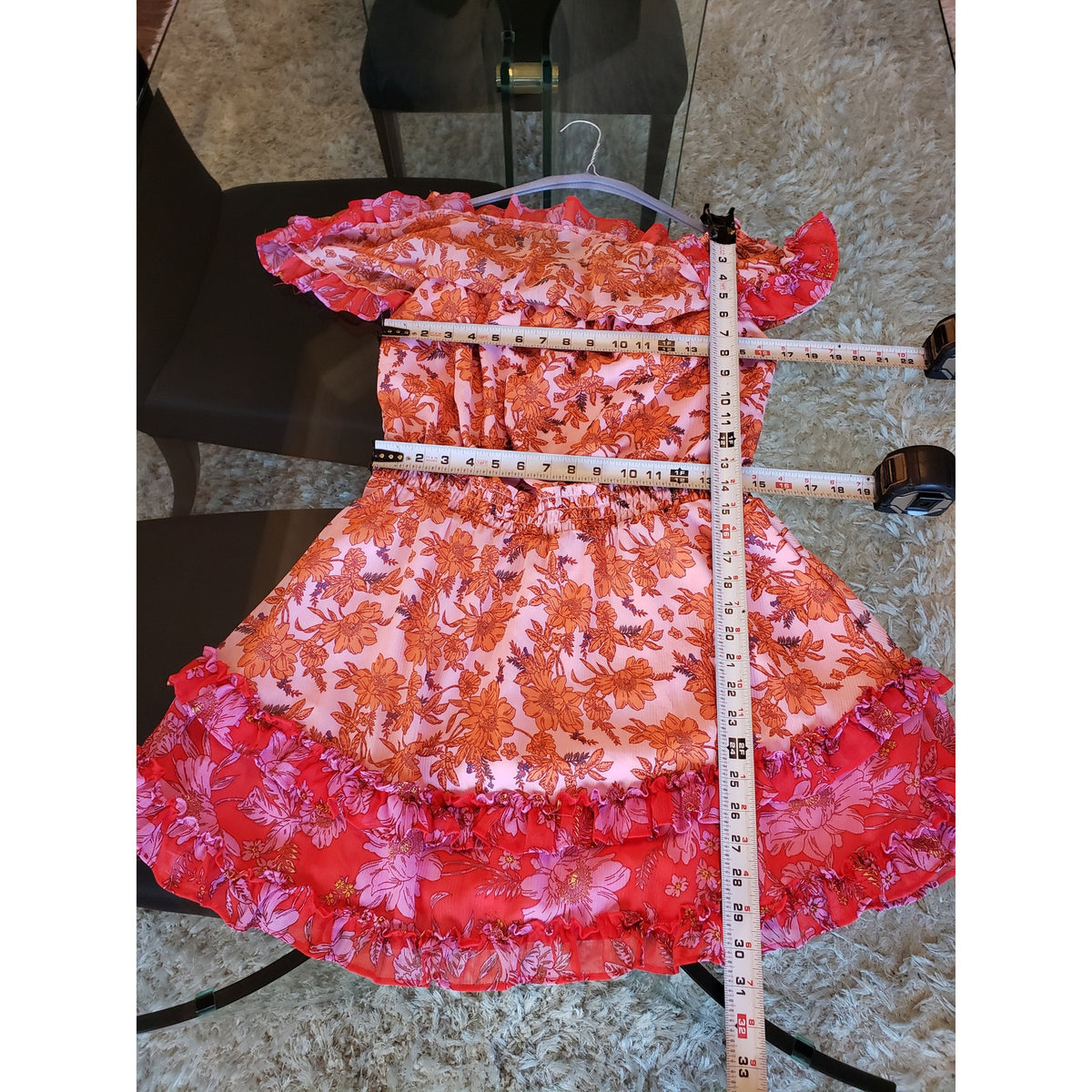 Jessica Simpson Mini Dress Women M Pink Orange Floral Ruffle Off The Shoulder