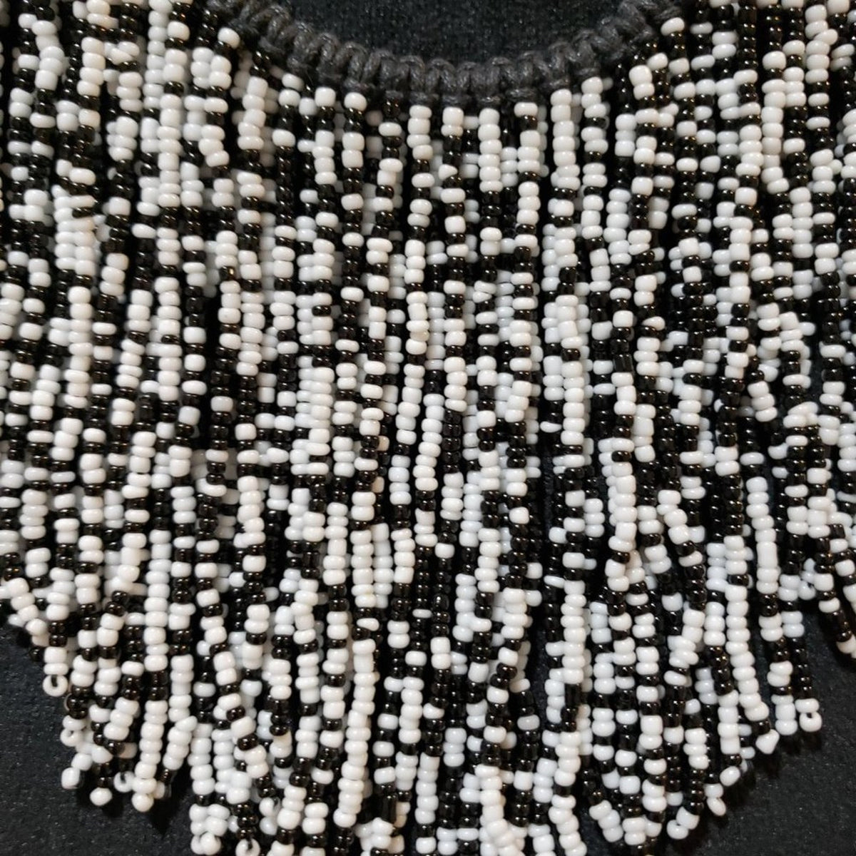 Womens Black White Glass Beaded Woven Fringe Collar Necklace with Lobster Clasp