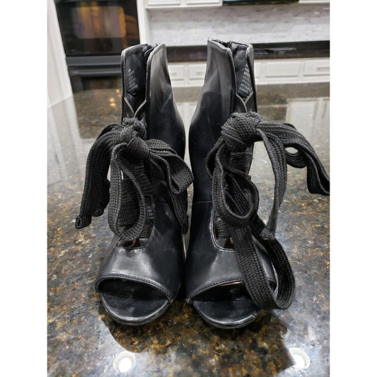 Just Fab Ankle Wrap Booties Women's 8 Black Leather Harper Peep Toe Back Zip