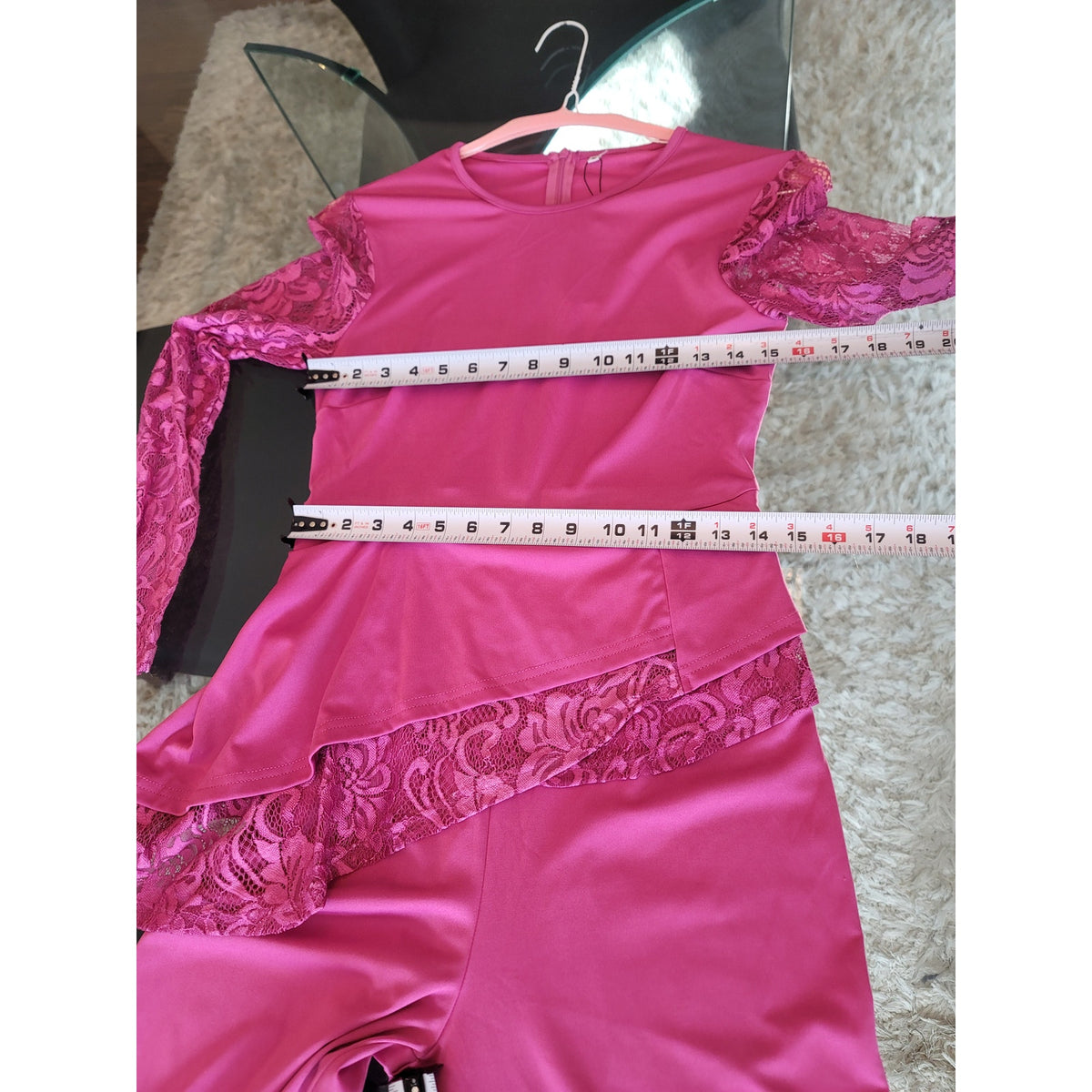 Stylish Pink Lace Jumpsuit Women's Size Medium Pink Round Neck Long Sleeves