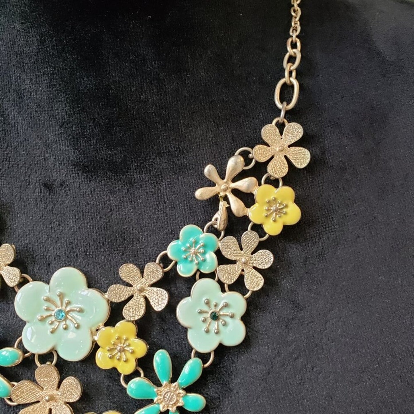 Womens Blue Yellow Rhinestone Floral Bib Necklace Jewelry with Lobster Clasp