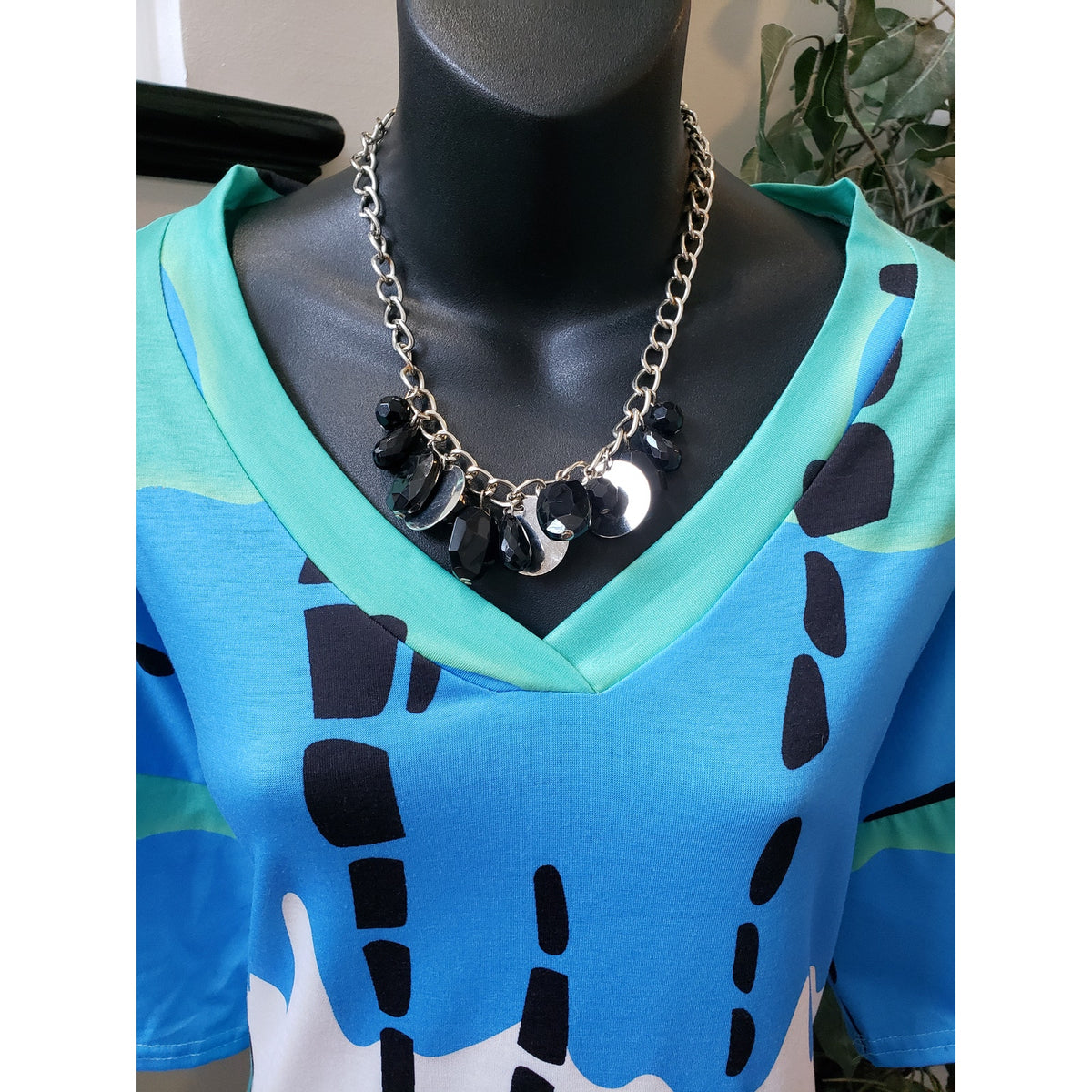 Abstract Tunic Dress Women Size XL Blue Green Short Sleeve V Neck Pockets Casual
