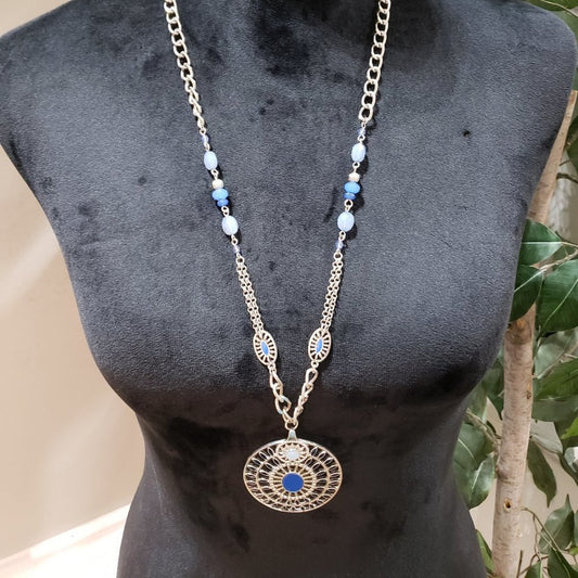 Womens Lapis Lazuli Silver Round Pendant Necklace with Lobster Clasp