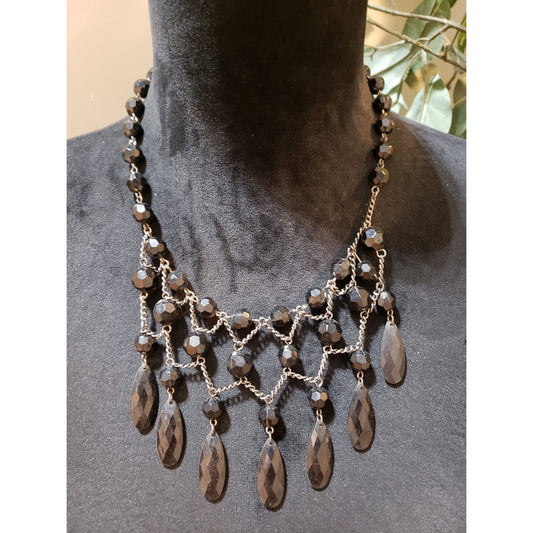 Womens Silver Tone Black Crystal Glass Beads Statement Necklace with Lobster
