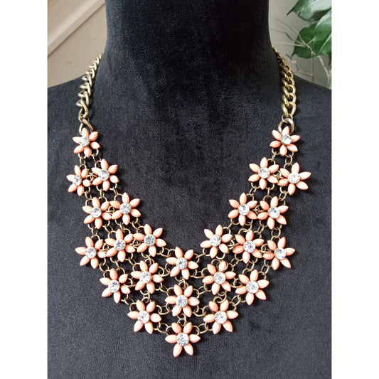 Peach Enamel Flower Statement Bib Necklace Rhinestone Gold Tone Floral Collar