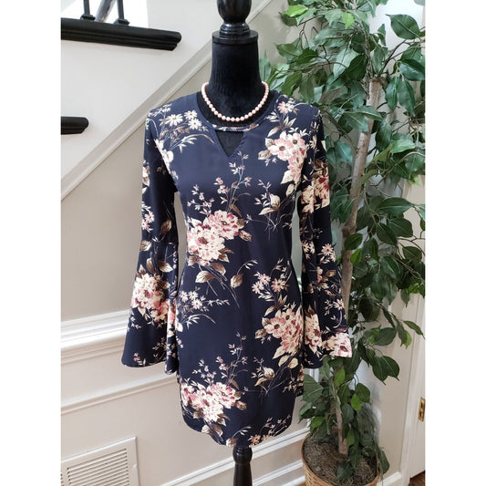Rokoko Women's Blue Floral Polyester Round Neck Long Sleeve Knee Length Dress S