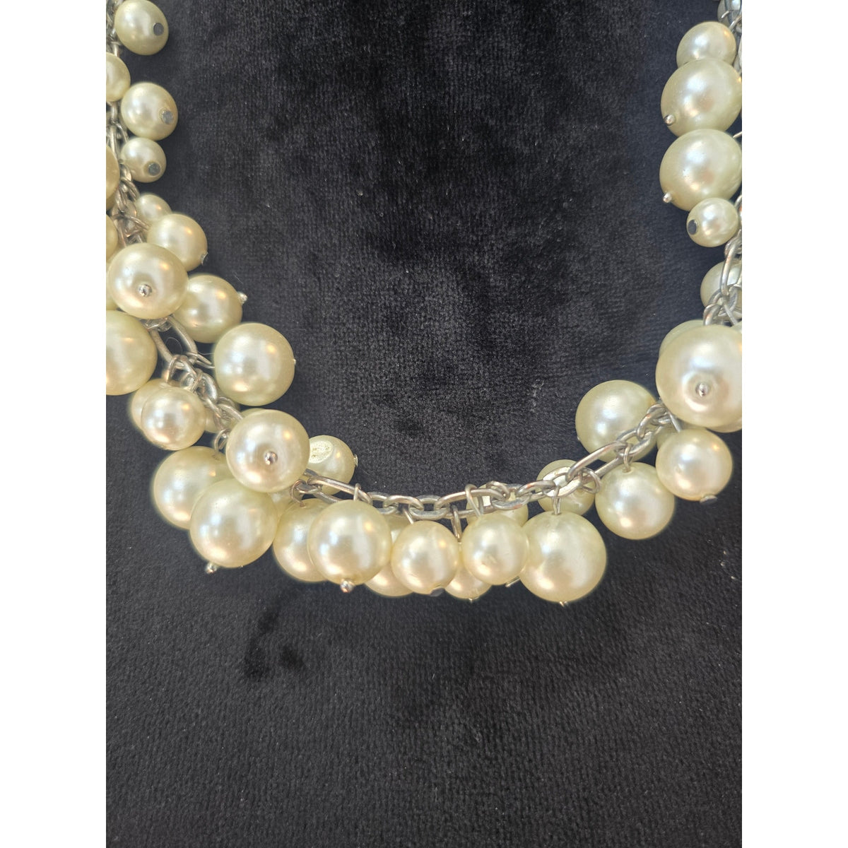 Cream Faux Pearl Silver Tone Multi Strand Statement Necklace