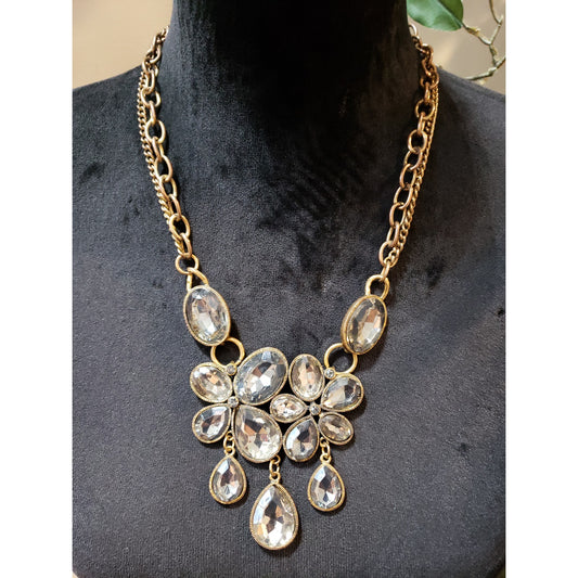 Women's Statement Necklace Clear Crystal Teardrop Cluster Lobster Clasp Gold