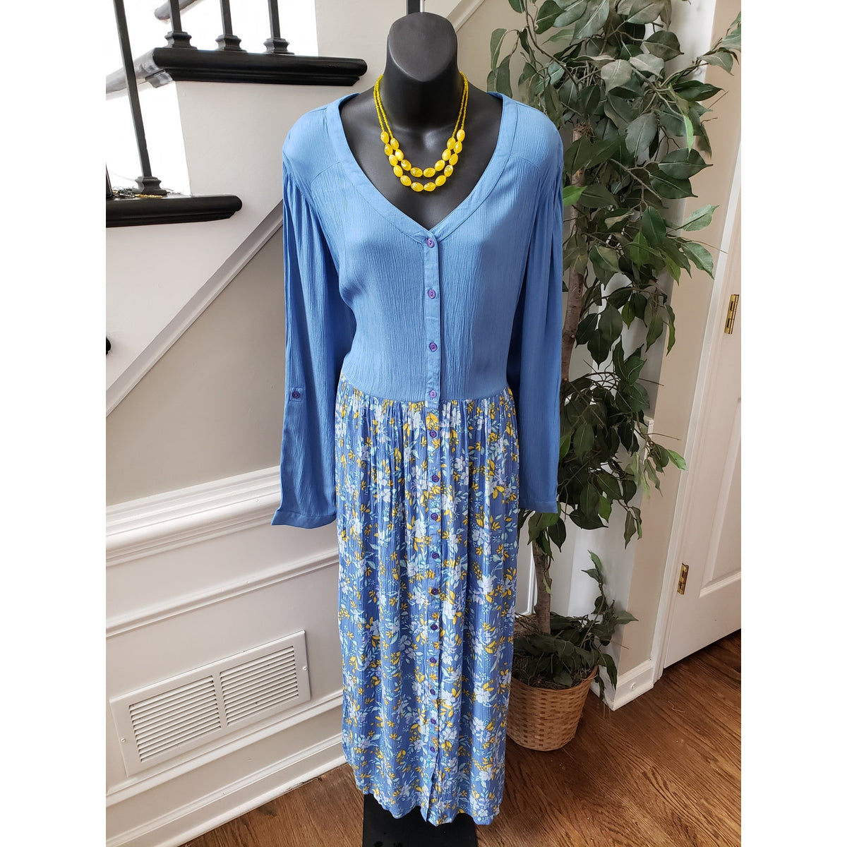 Woman Within Maxi Dress Womens 22W Blue Floral Rayon Long Sleeve Boho Style