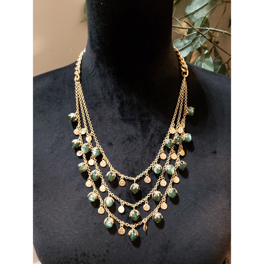 Women Gold Tone 3 Strand Olive Faux Pearls Coins Drop Statement Necklace Jewelry