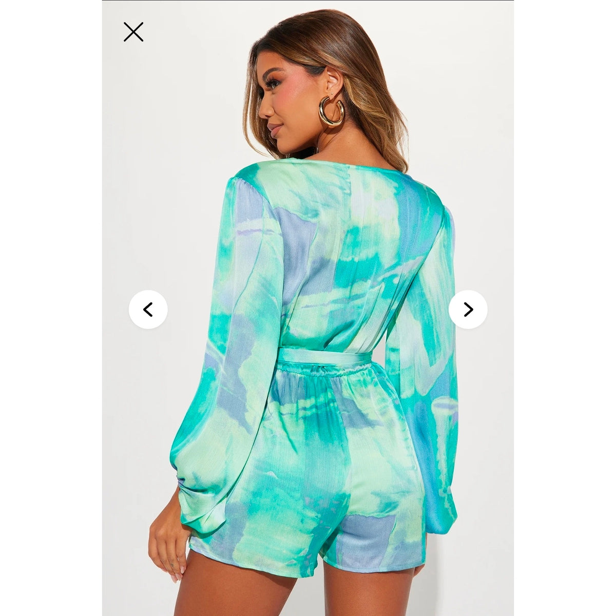 Fashion Nova Jumpsuit Romper Women's M Green Watercolor 100% Polyester Tie Waist