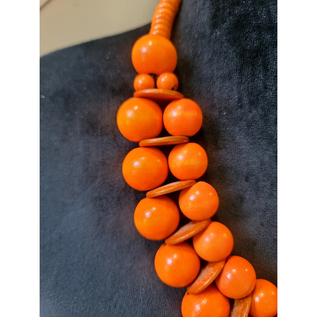 Orange Wooden Bead Statement Necklace Chunky Bib Boho Artisan Bold Fashion 20"