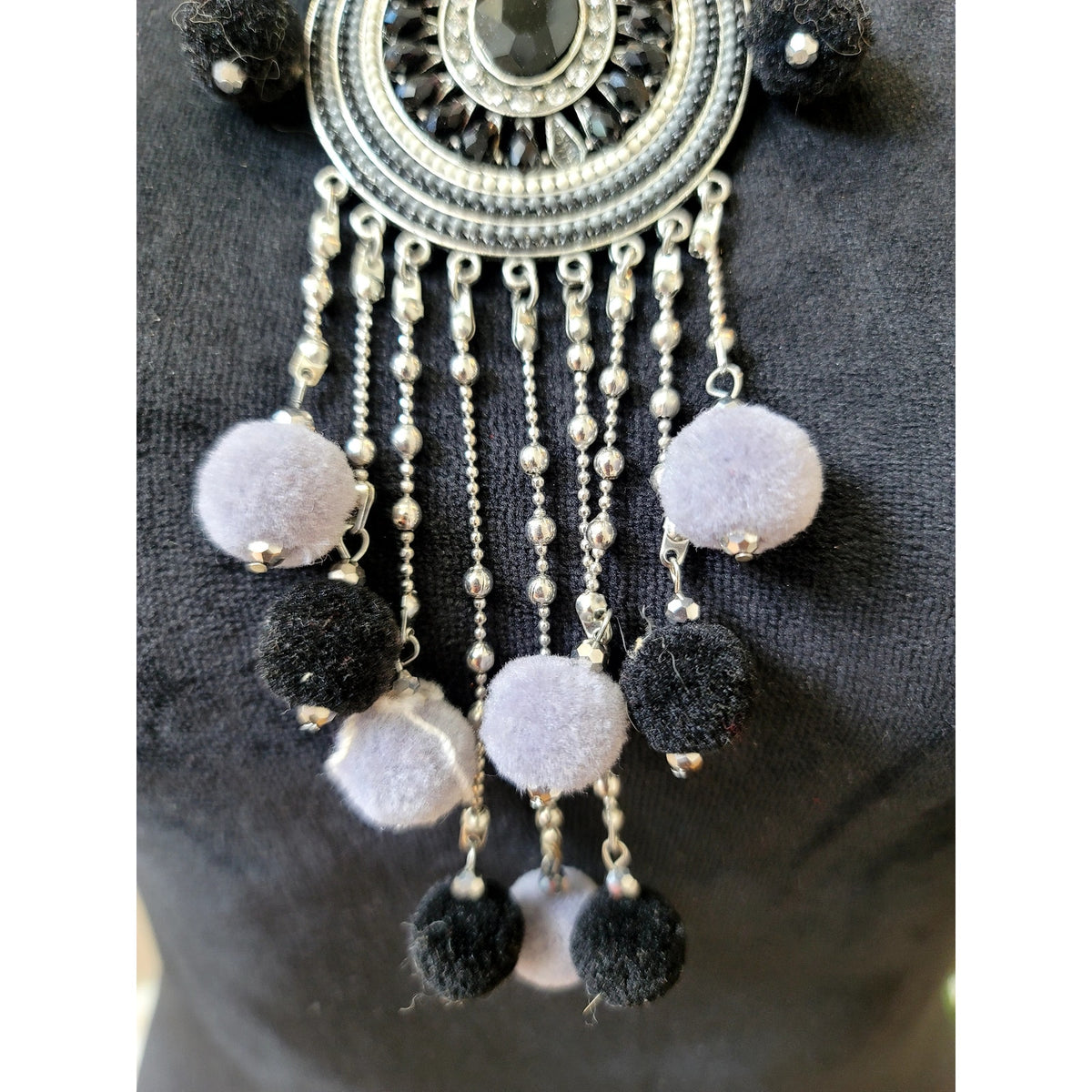 Silver Tone Tribal Bib Necklace Black White Beaded Fringe Boho Statement