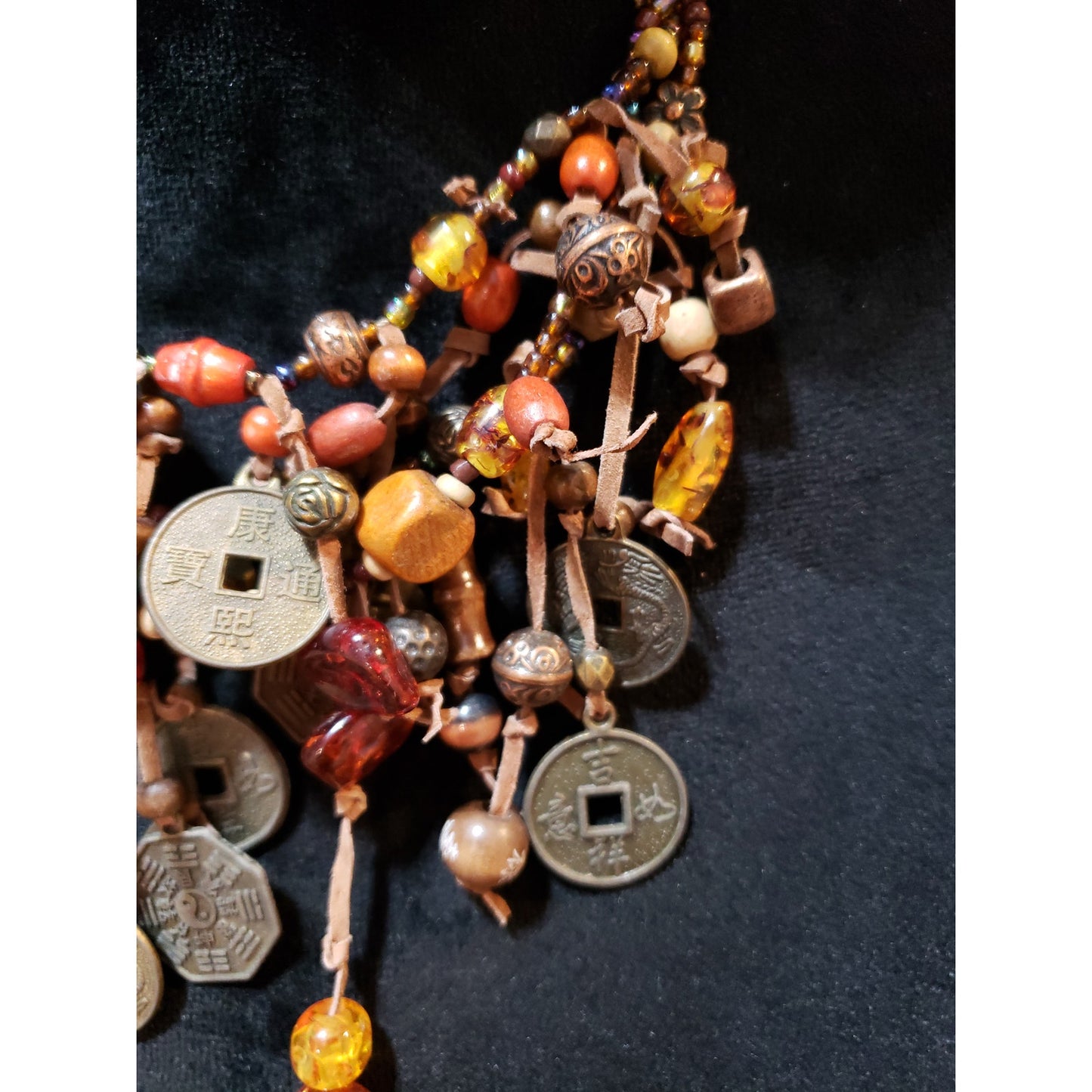 Women Boho Multi Coin Stones Beads Suede Cord Charm Cluster Bib Necklace Jewelry