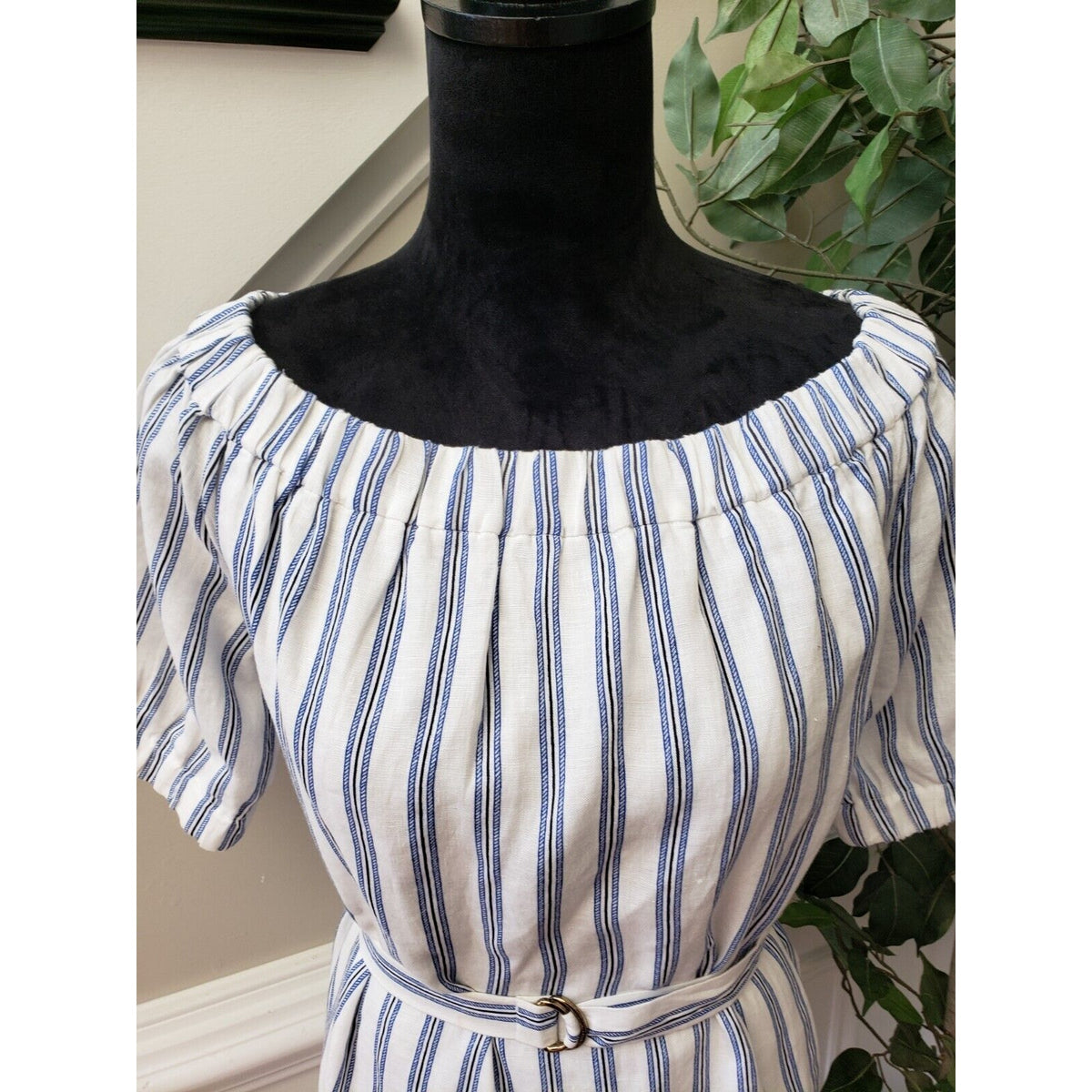 Michael Kors Women's White Striped Linen Off Shoulder Short Sleeve Mini Dress S