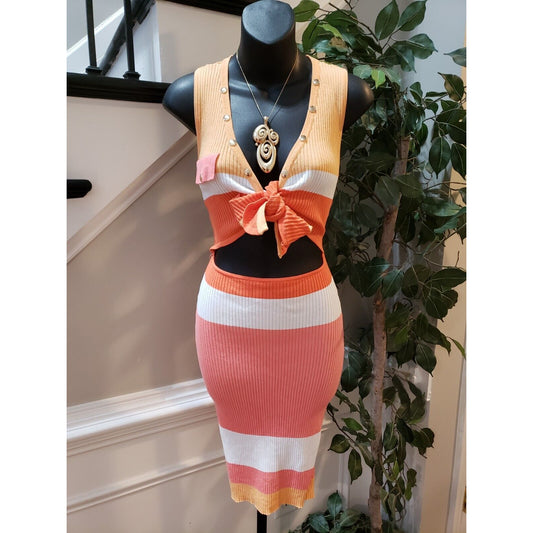 Hera Collection Women Multi Striped Tie Front Cutout Waist Knee Length Dress L