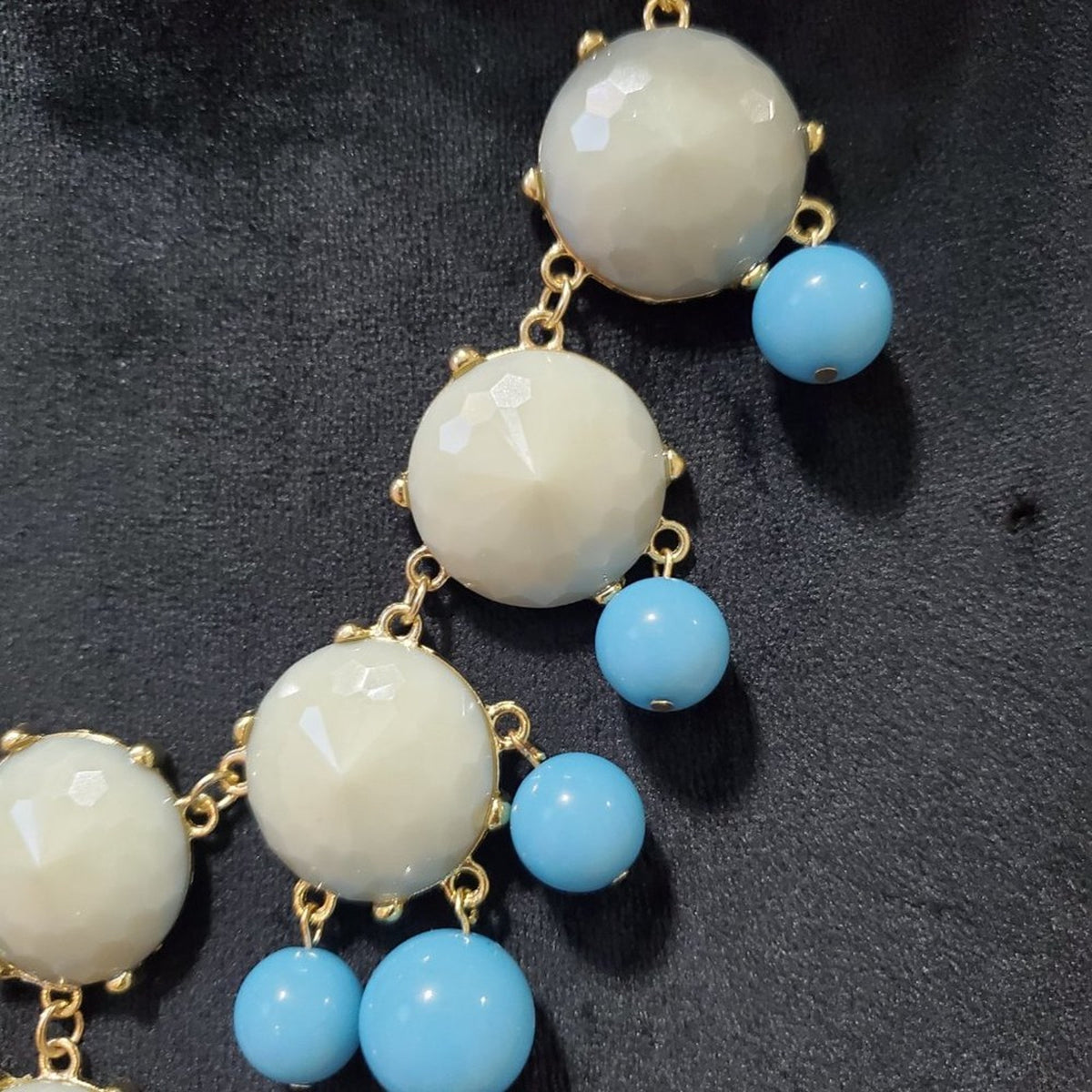 Womens White Blue Bubble Beaded Gold Tone Statement Necklace with Lobster Clasp